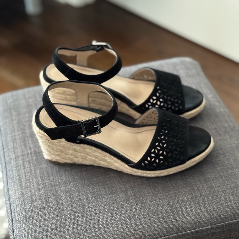 Vionic Black Wedge Sandals with Tan Sole